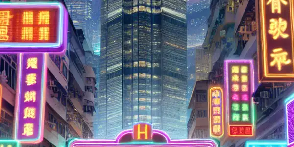 A lively Hong Kong street scene at night, filled with excited moviegoers and vibrant neon signs for new films.