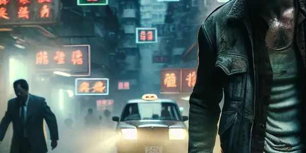 A distressed driver fleeing gangsters in a neon-lit Hong Kong alley, embodying tension and urban chaos.