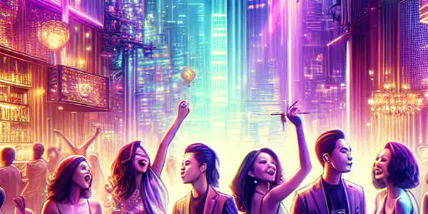 A lively Hong Kong nightclub scene with diverse young people dancing, laughing, and socializing under vibrant neon lights.