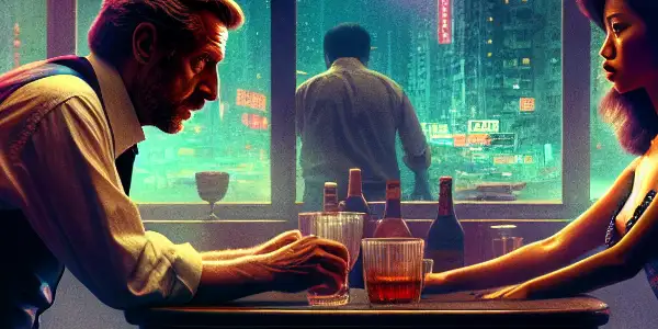 A dramatic couple's moment in a dimly lit 1980s Hong Kong setting, reflecting love and moral dilemmas.