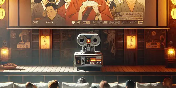 A cozy home theater with a vintage projector, showcasing a classic Japanese film and surrounded by cultural decor.