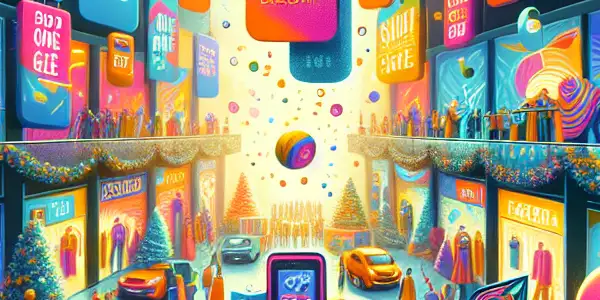 A lively shopping scene showcasing diverse shoppers excited about discounts on electronics and fashionable clothing during a promotional event.