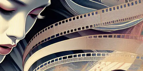 A stylized portrait of a female actress surrounded by cherry blossoms and traditional Japanese architecture, evoking cinematic nostalgia.