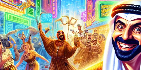 Baober in a vibrant movie set, showcasing comedic poses and elements from his classic films.