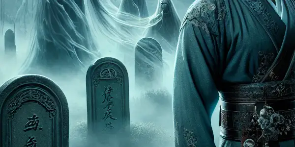 A haunting graveyard in Xiangxi with a rugged protagonist, ghostly figures, and a shadowy corpse courier under a full moon.