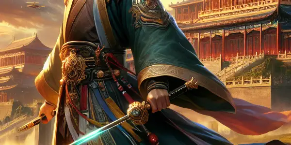 Xiang Shaolong in Qin Dynasty attire, wielding a sword amidst a lush landscape and dark, stormy skies.