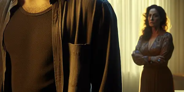 A young man and an enigmatic woman share a tense moment in a dimly lit living room.