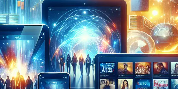A vibrant digital display of a dynamic movie platform on various devices, showcasing diverse film and TV content.