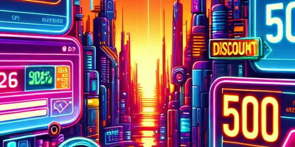 A futuristic digital interface showcasing vibrant discount codes for adult content in a cyberpunk cityscape.