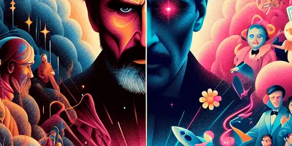 A movie poster contrasting the dramatic legacy of Oppenheimer with the playful, colorful world of Barbie.