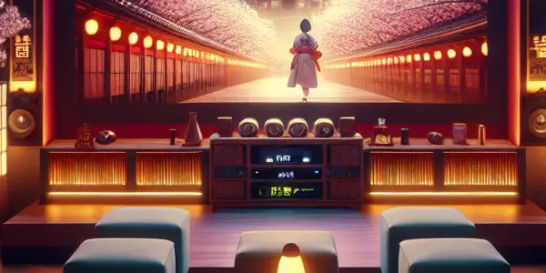 A cozy home theater showcasing a classic Japanese film with plush seating, dim lighting, and cultural decor.