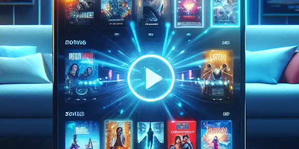 A modern digital illustration of a movie streaming platform showcasing vibrant genre posters on smartphone and laptop screens.