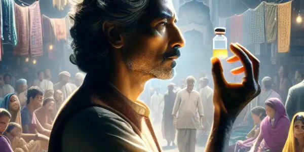 A determined man holds a vial of medicine in a vibrant Indian market, surrounded by hopeful yet desperate patients.