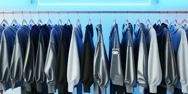 A modern boutique displaying vibrant anti-lag AV clothing for videographers, featuring stylish outfits and video technology elements.