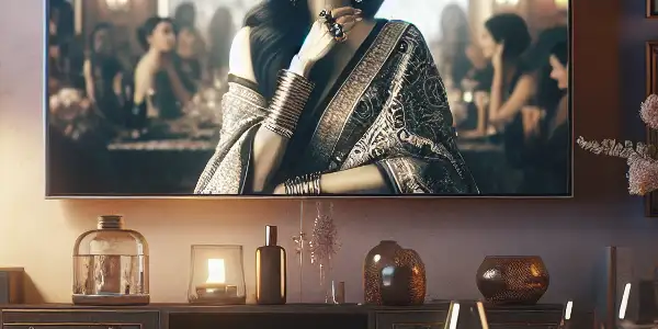 A sophisticated living room featuring a confident mature actress on a high-definition screen, exuding charm and allure.