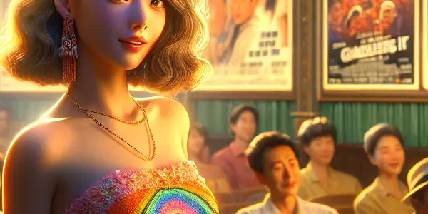 Chiu Shuk-Ching in a 1990s Hong Kong cinema, surrounded by retro posters and an engaged audience.