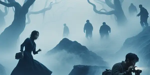 A tense couple navigates a misty, dangerous island, facing unseen threats and moral dilemmas.