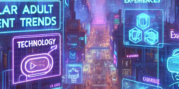 A futuristic cityscape at dusk with neon lights highlighting trending adult content searches and virtual reality elements.