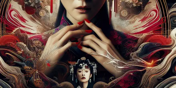 An elegant woman embodies strength and vulnerability against a backdrop of traditional and modern Chinese architecture, symbolizing emotional conflict.