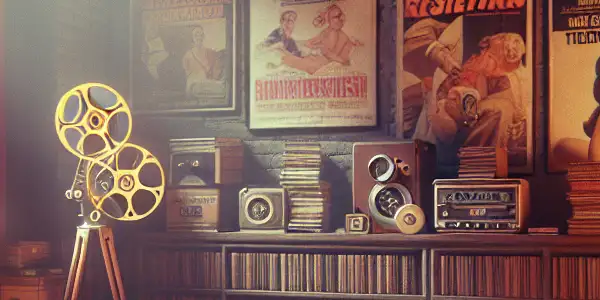 A cozy, dimly lit room filled with vintage film reels, posters, and a projector, evoking nostalgia for classic cinema.