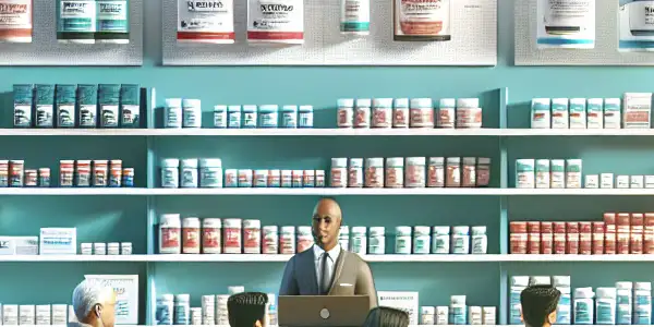 A modern pharmacy scene featuring diverse individuals discussing sexual enhancement drugs and safety information.
