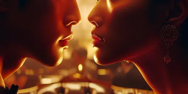 A passionate moment between two characters in an intimate, elegantly decorated setting filled with warm lighting and romantic details.