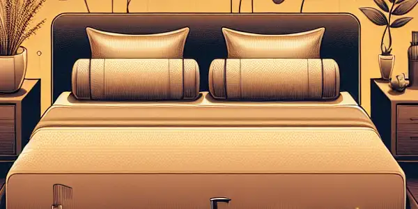 A cozy, romantic bedroom showcasing modern intimacy products, including a smart vibrator and elegant massage oils.