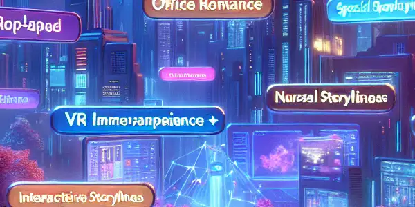 A futuristic digital landscape featuring glowing tags for various adult entertainment categories and immersive experiences.