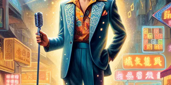 A charismatic male figure inspired by Sam Hui, surrounded by vibrant Hong Kong street scenes and musical elements.