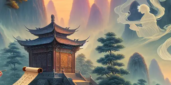 A serene Chinese landscape with a wise scholar, symbolizing virtue and desire amidst flowing rivers and mountains.