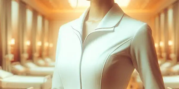 A confident female nurse in a stylish uniform stands in a well-lit hospital room, exuding allure and professionalism.