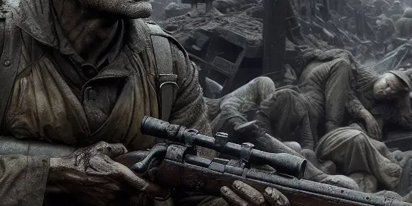 A weary soldier in a trench amidst a desolate war-torn landscape, symbolizing the despair of conflict.<a href=