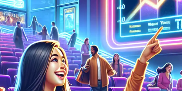 A lively modern cinema scene with diverse moviegoers engaging with digital screens displaying real-time box office data.