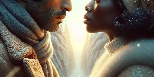 A romantic encounter between a man and woman in a serene, snowy Finnish landscape with falling snowflakes.