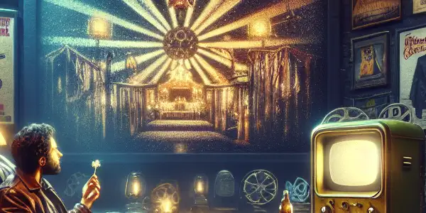 A film enthusiast enjoys a cozy home theater filled with memorabilia, watching classic movie scenes on a large screen.