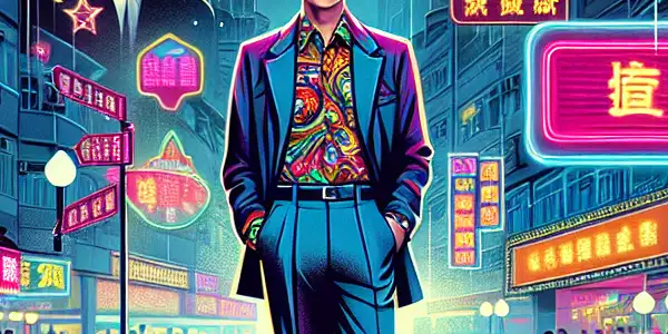 Cao Chaoli poses in 1980s Hong Kong, surrounded by film elements and a vibrant neon cityscape.