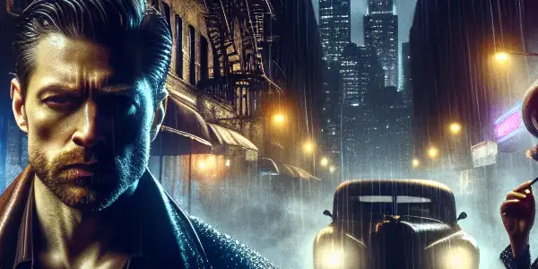 A tense urban night scene featuring a rugged man and a seductive woman in a crime thriller setting.