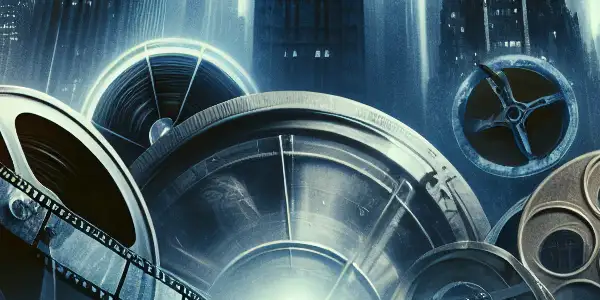 A shadowy detective in a misty urban setting contemplates karma, holding a film reel amidst symbolic imagery.