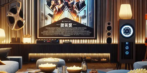A cozy modern home theater featuring a large screen, plush seating, snacks, and movie posters.