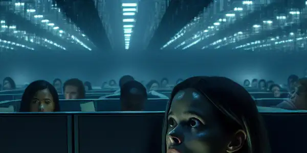 A young intern in a dimly lit office, fearful of a lurking shadowy figure, surrounded by anxious colleagues.