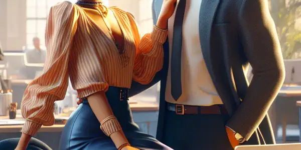 A playful office romance scene between a fashionable intern and a charismatic boss, filled with light-hearted details.