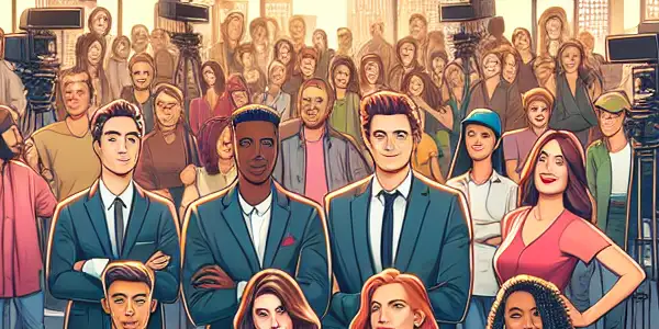 A modern film set showcasing diverse actors discussing and demonstrating adult contraception methods in a safe, educational environment.