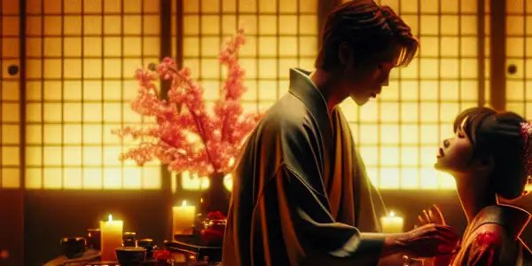 A romantic scene of a couple in traditional Japanese attire sharing an intimate moment in a stylized room.