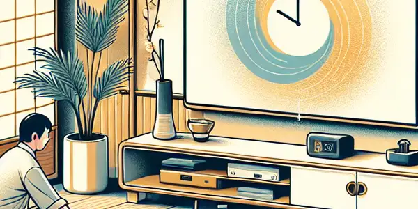 A cozy living room scene promoting hygiene and moderation in viewing Japanese adult films, featuring cleaning, self-help books, and cultural decor.