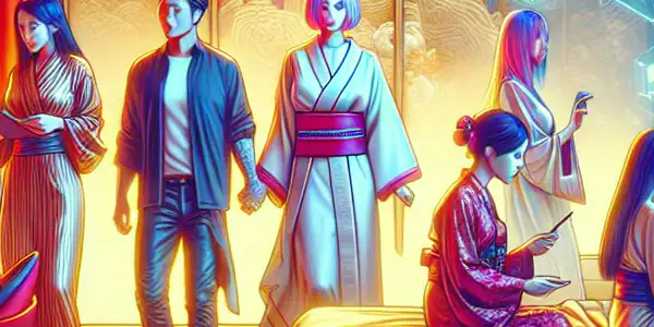 A luxurious bedroom scene with diverse characters engaged in playful interactions, emphasizing safety in a virus-free adult gaming environment.