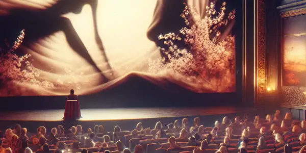 A sophisticated cinema scene showcasing viewers captivated by abstract representations of nudity in film, blending modern and traditional Japanese elements.