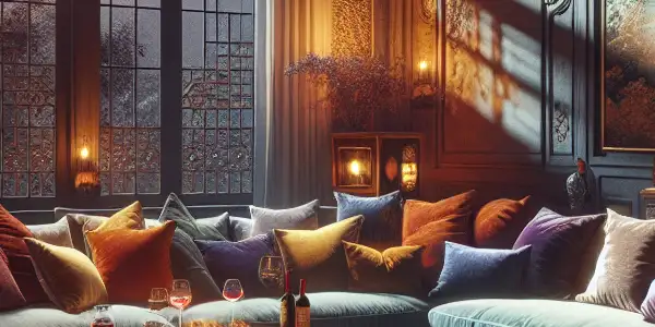 An intimate, cozy room with plush furnishings, moonlight, and artistic elements, evoking private passion and emotional connection.