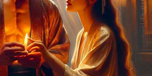 A dramatic and intimate scene of two characters in a dimly lit, elegant Japanese bedroom, exuding passion and emotion.