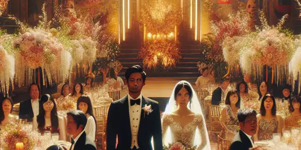 A wedding banquet scene with a diverse group of guests celebrating, highlighting joy and emotional complexity among family and friends.