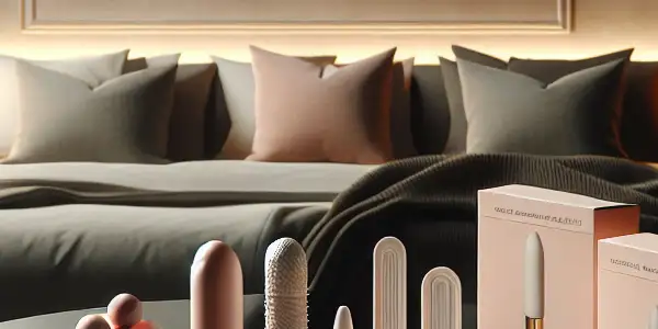 A modern bedroom showcasing high-tech condoms and a safe usage tutorial, emphasizing intimacy and health in adult entertainment.